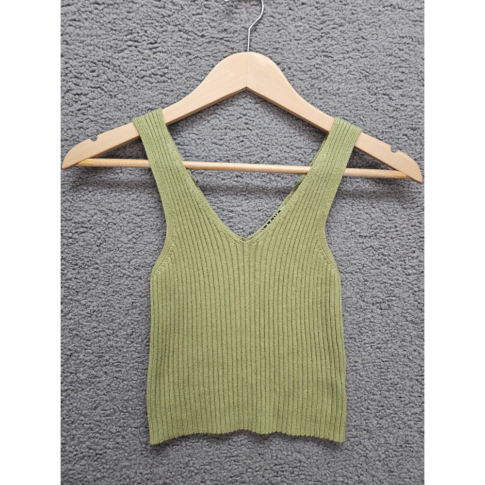 Audrey 3+1 Ribbed Knit Tank Top Large Sage Green V-Neck Boho Cropped Tank